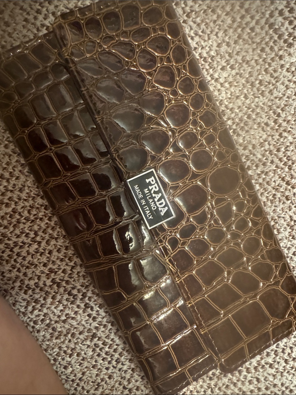 Prada Glossy Croc-Embossed Brown Wallet